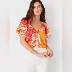 Ann Taylor Patchwork Floral Shirred V-Neck Top